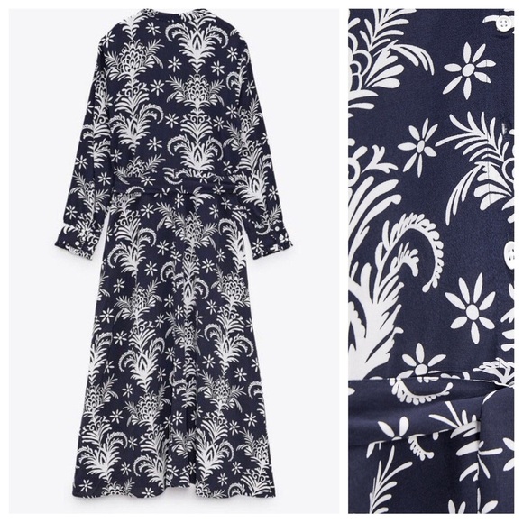 NWT. Zara Blue/White Printed Midi Dress with Belt. Size M. - Picture 7 of 10